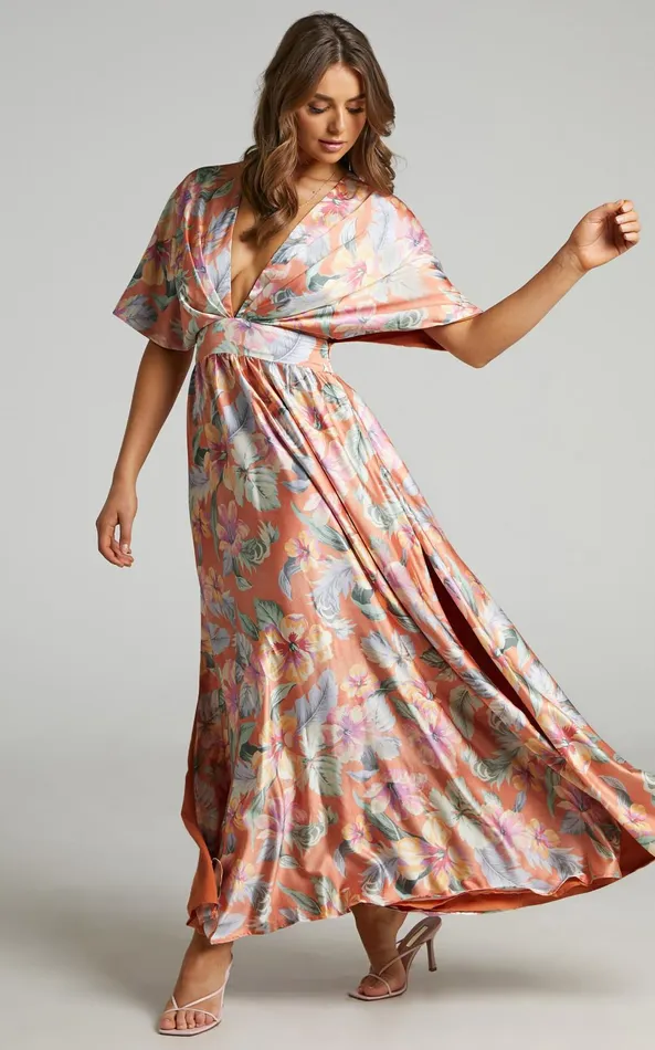 Showpo Sophia Midi Dress 8211 Plunge Neck Bat Wing Sleeve Dress In Multi Floral Women Dresses