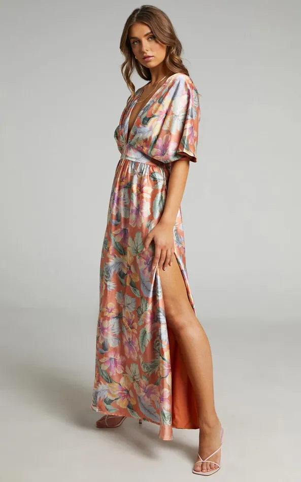 Showpo Sophia Midi Dress 8211 Plunge Neck Bat Wing Sleeve Dress In Multi Floral Women Dresses