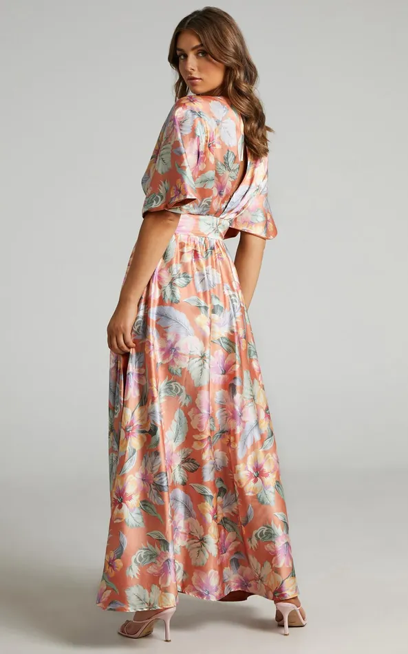 Showpo Sophia Midi Dress 8211 Plunge Neck Bat Wing Sleeve Dress In Multi Floral Women Dresses