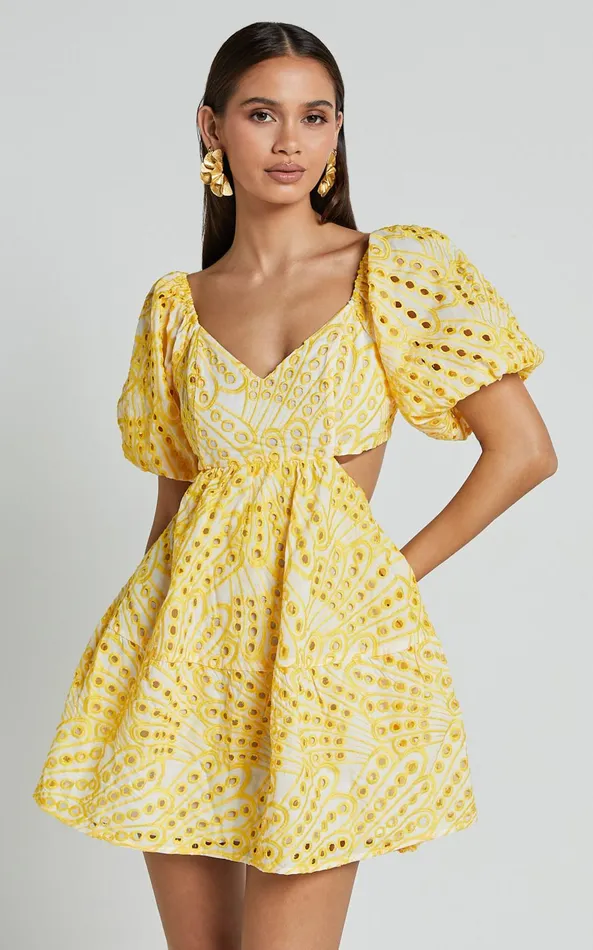 Showpo Sophia Mini Dress 8211 Tie Back Puff Sleeve Dress In White And Yellow Women Dresses Showpo Sophia Mini Dress 8211 Tie Back Puff Sleeve Dress In White And Yellow Women Dresses
