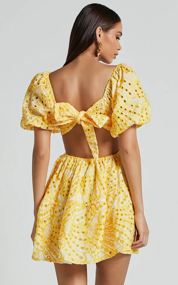 Showpo Sophia Mini Dress 8211 Tie Back Puff Sleeve Dress In White And Yellow Women Dresses