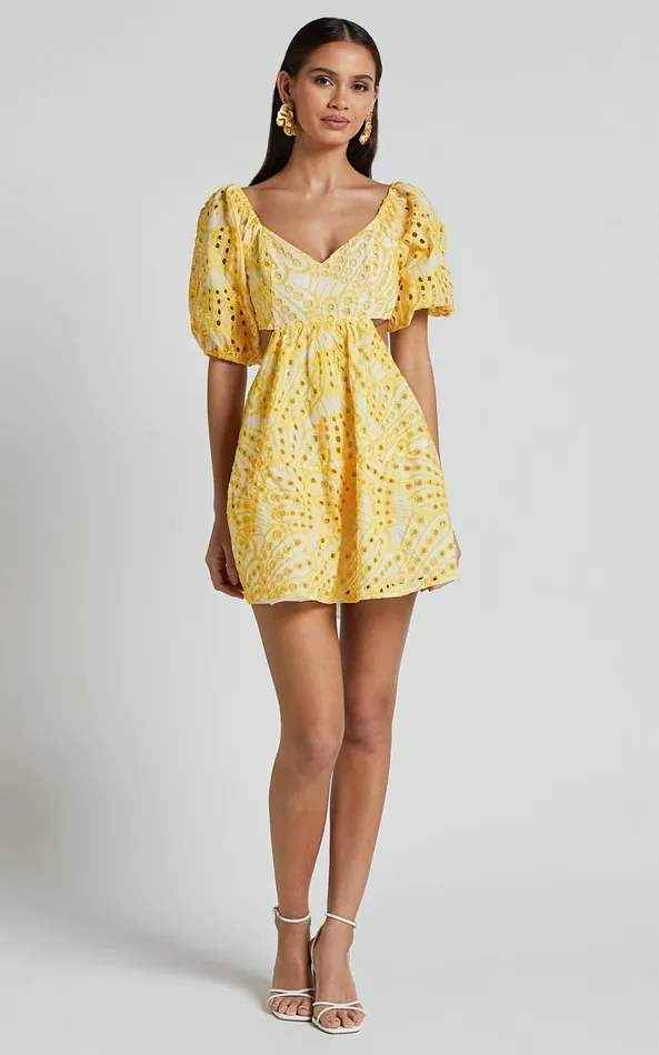 Showpo Sophia Mini Dress 8211 Tie Back Puff Sleeve Dress In White And Yellow Women Dresses