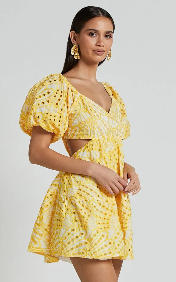 Showpo Sophia Mini Dress 8211 Tie Back Puff Sleeve Dress In White And Yellow Women Dresses