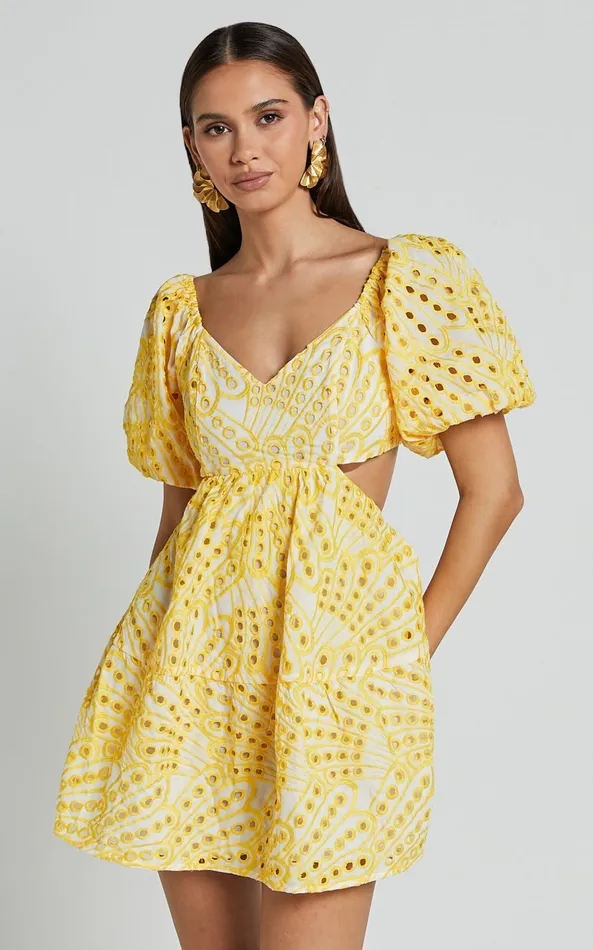 Showpo Sophia Mini Dress 8211 Tie Back Puff Sleeve Dress In White And Yellow Women Dresses