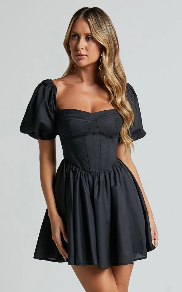 Showpo Souza Mini Dress 8211 Fit And Flare Puff Sleeve Corset Dress In Black Women Dresses