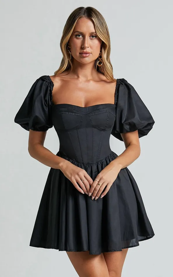 Showpo Souza Mini Dress 8211 Fit And Flare Puff Sleeve Corset Dress In Black Women Dresses