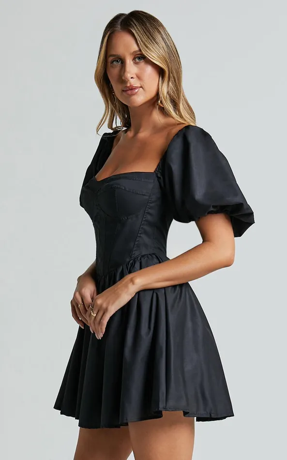 Showpo Souza Mini Dress 8211 Fit And Flare Puff Sleeve Corset Dress In Black Women Dresses