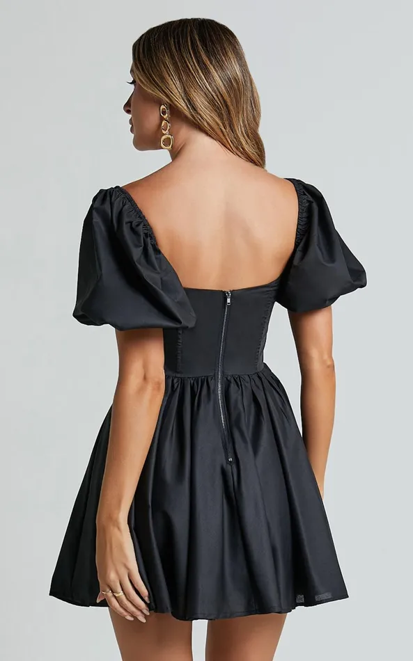 Showpo Souza Mini Dress 8211 Fit And Flare Puff Sleeve Corset Dress In Black Women Dresses