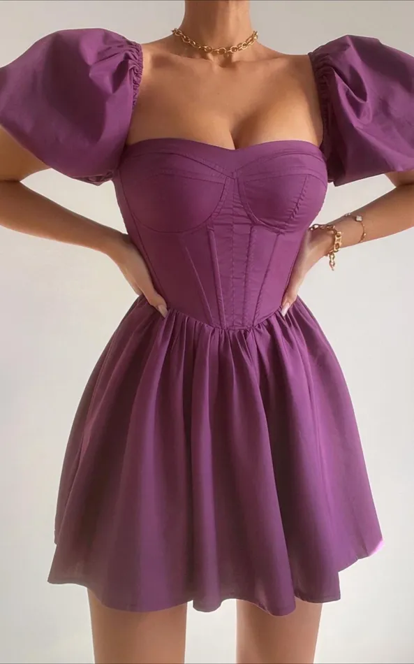 Showpo Souza Mini Dress 8211 Fit And Flare Puff Sleeve Corset Dress In Dark Amethyst Women Curve Clothes Showpo Souza Mini Dress 8211 Fit And Flare Puff Sleeve Corset Dress In Dark Amethyst Women Curve Clothes