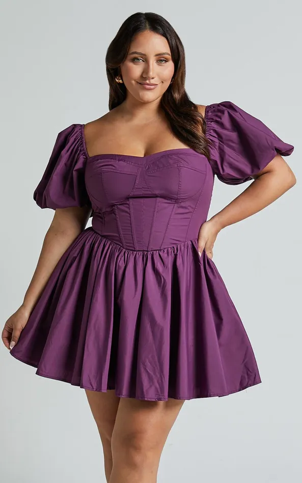 Showpo Souza Mini Dress 8211 Fit And Flare Puff Sleeve Corset Dress In Dark Amethyst Women Curve Clothes Showpo Souza Mini Dress 8211 Fit And Flare Puff Sleeve Corset Dress In Dark Amethyst Women Curve Clothes
