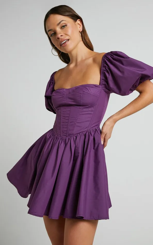 Showpo Souza Mini Dress 8211 Fit And Flare Puff Sleeve Corset Dress In Dark Amethyst Women Curve Clothes Showpo Souza Mini Dress 8211 Fit And Flare Puff Sleeve Corset Dress In Dark Amethyst Women Curve Clothes