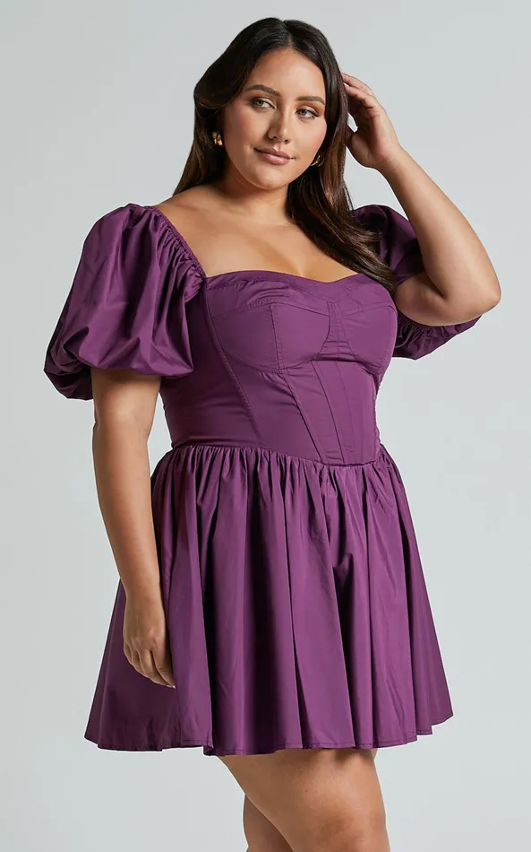 Showpo Souza Mini Dress 8211 Fit And Flare Puff Sleeve Corset Dress In Dark Amethyst Women Curve Clothes Showpo Souza Mini Dress 8211 Fit And Flare Puff Sleeve Corset Dress In Dark Amethyst Women Curve Clothes