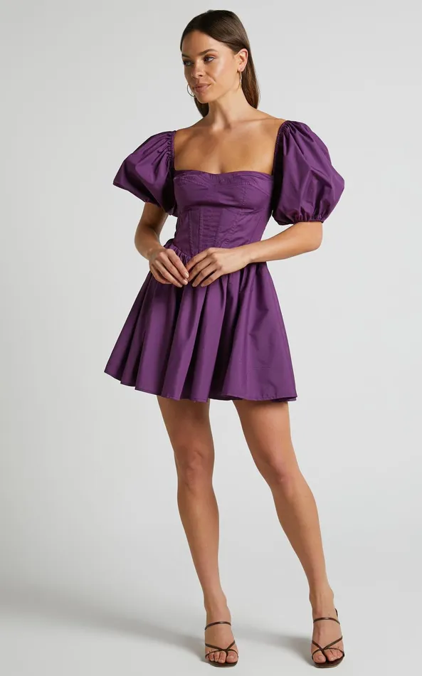 Showpo Souza Mini Dress 8211 Fit And Flare Puff Sleeve Corset Dress In Dark Amethyst Women Curve Clothes Showpo Souza Mini Dress 8211 Fit And Flare Puff Sleeve Corset Dress In Dark Amethyst Women Curve Clothes