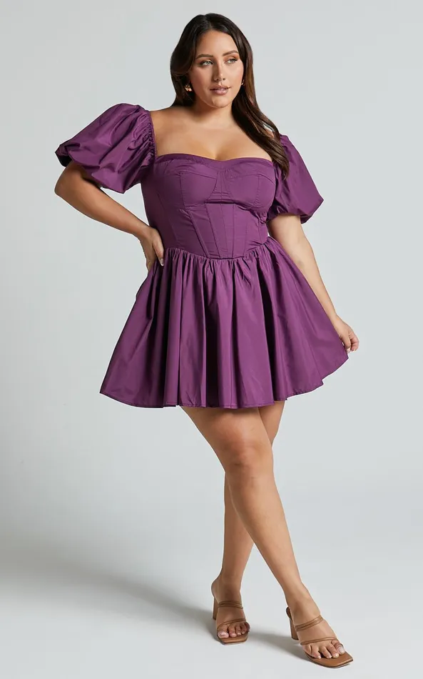 Showpo Souza Mini Dress 8211 Fit And Flare Puff Sleeve Corset Dress In Dark Amethyst Women Curve Clothes Showpo Souza Mini Dress 8211 Fit And Flare Puff Sleeve Corset Dress In Dark Amethyst Women Curve Clothes