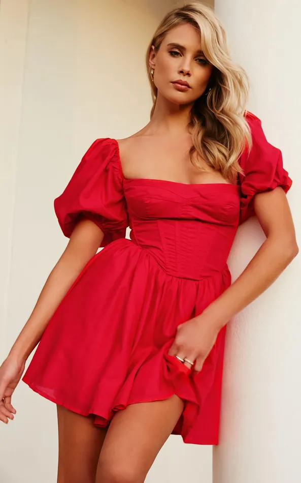 Showpo Souza Mini Dress 8211 Fit And Flare Puff Sleeve Corset Dress In Red Women Curve Clothes Showpo Souza Mini Dress 8211 Fit And Flare Puff Sleeve Corset Dress In Red Women Curve Clothes