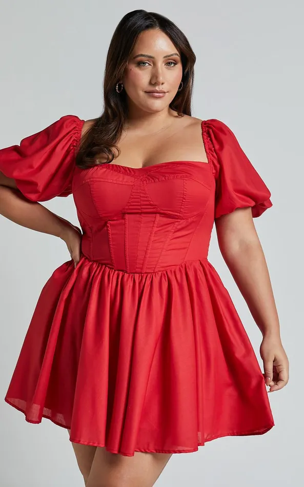 Showpo Souza Mini Dress 8211 Fit And Flare Puff Sleeve Corset Dress In Red Women Curve Clothes
