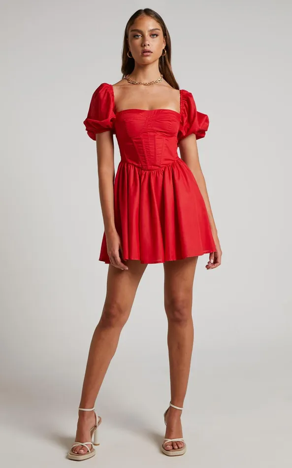 Showpo Souza Mini Dress 8211 Fit And Flare Puff Sleeve Corset Dress In Red Women Curve Clothes
