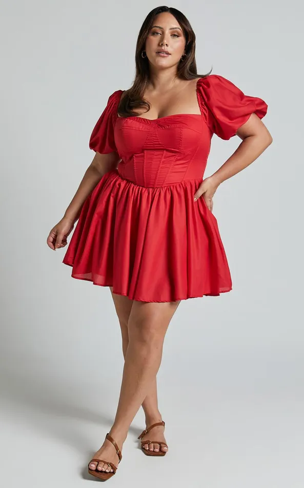 Showpo Souza Mini Dress 8211 Fit And Flare Puff Sleeve Corset Dress In Red Women Curve Clothes