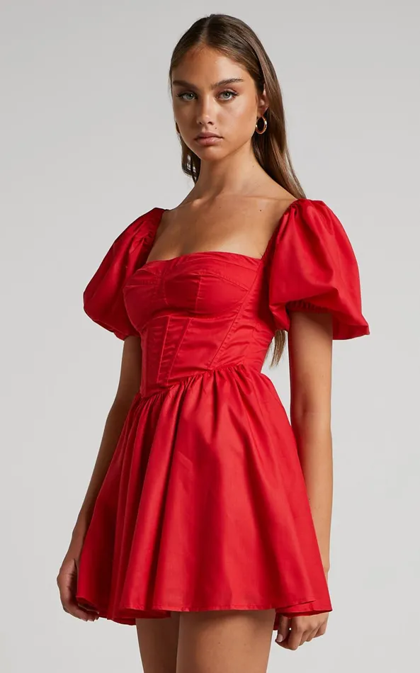 Showpo Souza Mini Dress 8211 Fit And Flare Puff Sleeve Corset Dress In Red Women Curve Clothes