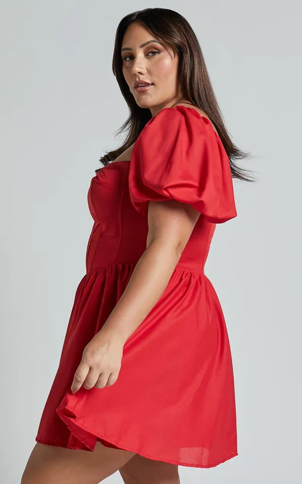Showpo Souza Mini Dress 8211 Fit And Flare Puff Sleeve Corset Dress In Red Women Curve Clothes