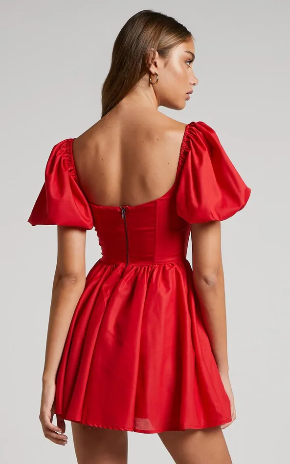Showpo Souza Mini Dress 8211 Fit And Flare Puff Sleeve Corset Dress In Red Women Curve Clothes