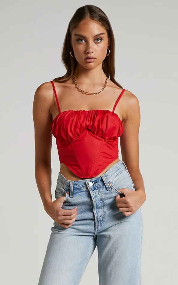 Showpo Souza Top 8211 Ruched Bust Curved Hem Corset Top In Red Women Tops