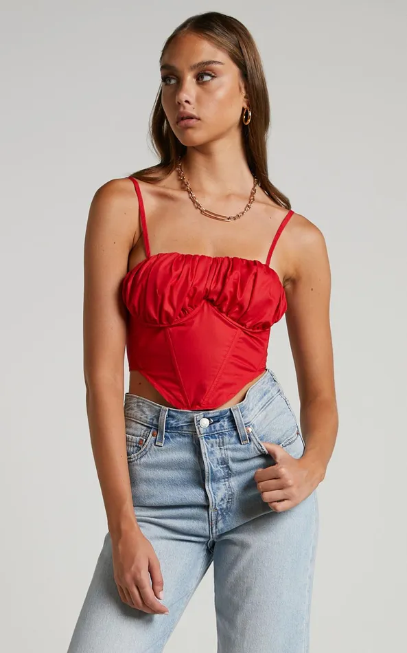 Showpo Souza Top 8211 Ruched Bust Curved Hem Corset Top In Red Women Tops