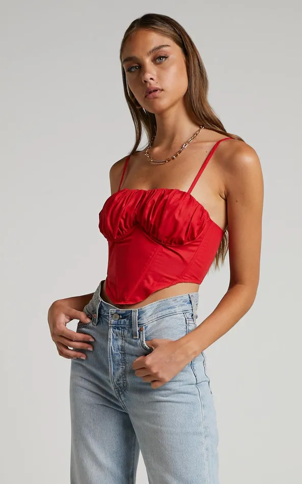 Showpo Souza Top 8211 Ruched Bust Curved Hem Corset Top In Red Women Tops