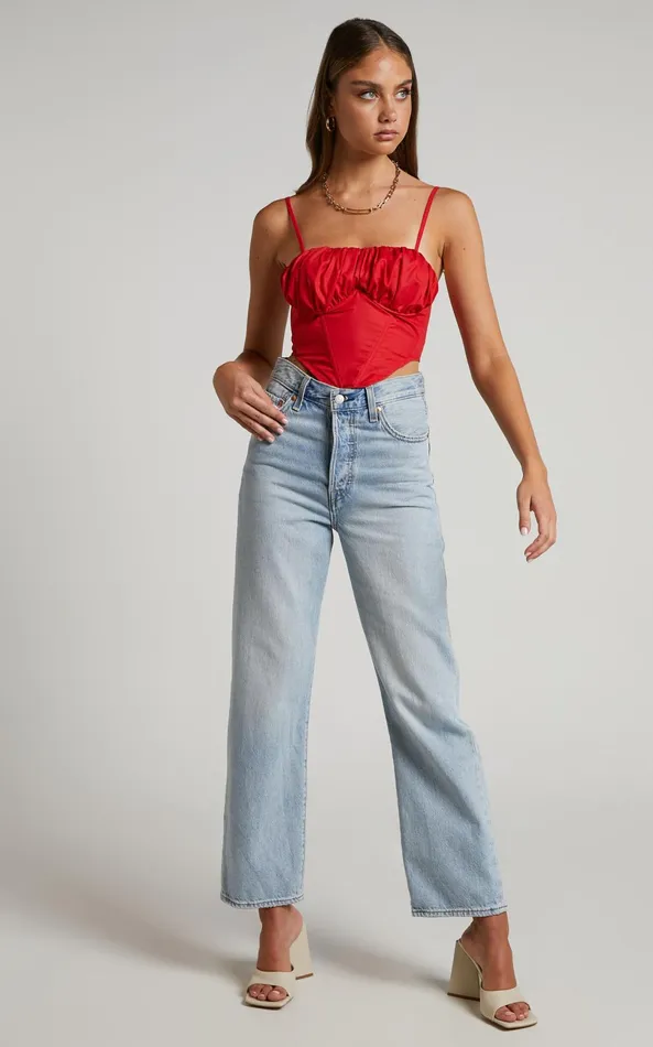 Showpo Souza Top 8211 Ruched Bust Curved Hem Corset Top In Red Women Tops