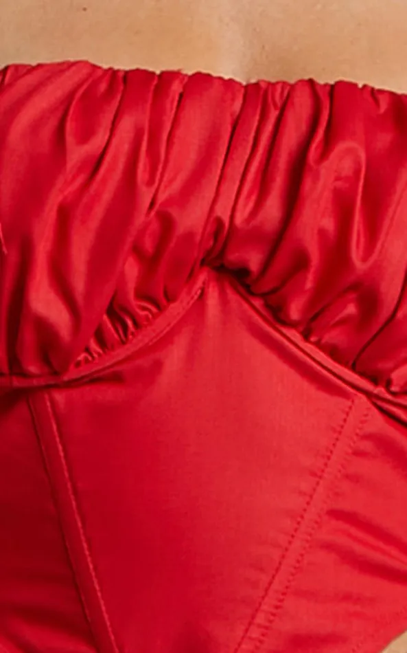 Showpo Souza Top 8211 Ruched Bust Curved Hem Corset Top In Red Women Tops
