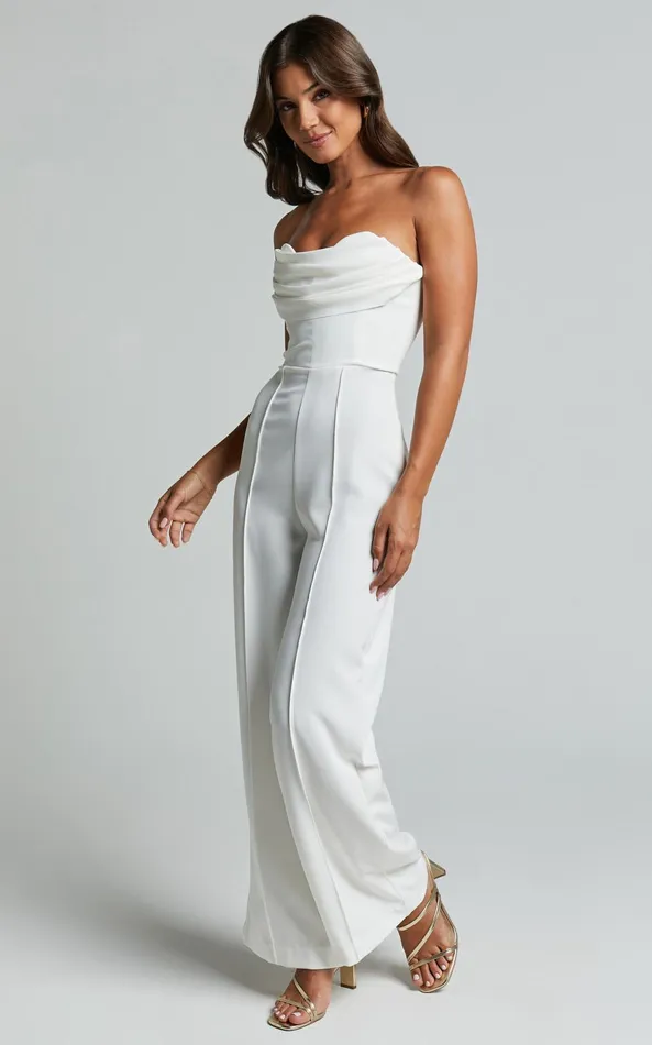 Showpo Stacey Jumpsuit 8211 Strapless Cowl Wide Leg Jumpsuit In Off White Women Jumpsuits