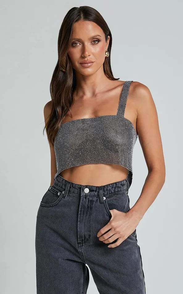 Showpo Starry Nights Top 8211 Mesh Cropped Top In Black and Silver Women Tops