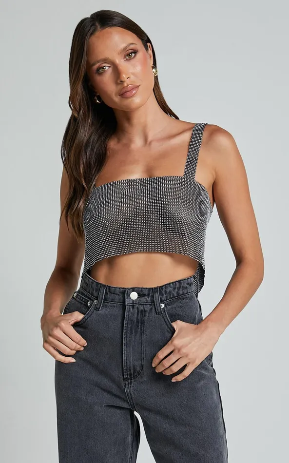 Showpo Starry Nights Top 8211 Mesh Cropped Top In Black and Silver Women Tops