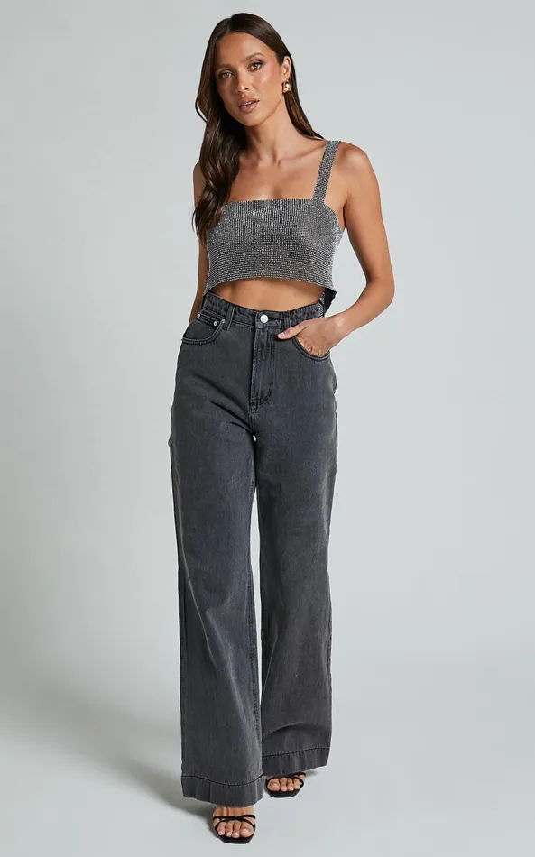 Showpo Starry Nights Top 8211 Mesh Cropped Top In Black and Silver Women Tops