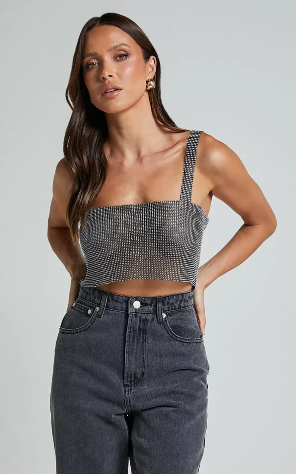Showpo Starry Nights Top 8211 Mesh Cropped Top In Black and Silver Women Tops