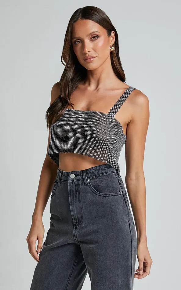Showpo Starry Nights Top 8211 Mesh Cropped Top In Black and Silver Women Tops