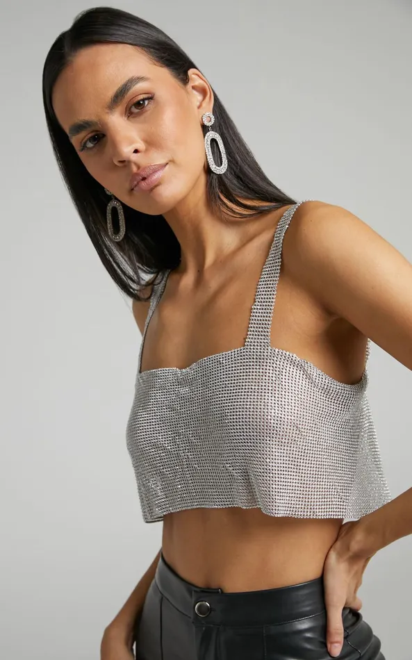 Showpo Starry Nights Top 8211 Mesh Cropped Top In Silver Women Tops