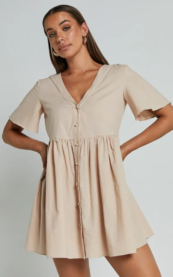 Showpo Staycation Vneck Mini Dress In Beige Women Curve Clothes