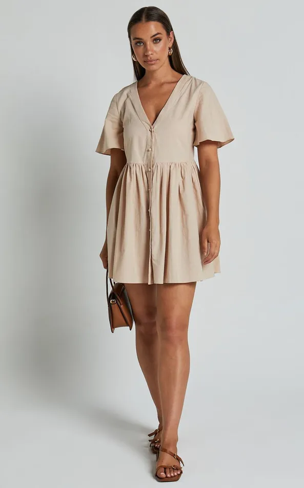 Showpo Staycation Vneck Mini Dress In Beige Women Curve Clothes