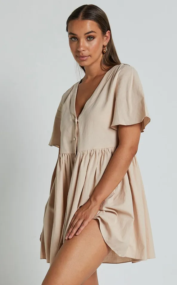 Showpo Staycation Vneck Mini Dress In Beige Women Curve Clothes