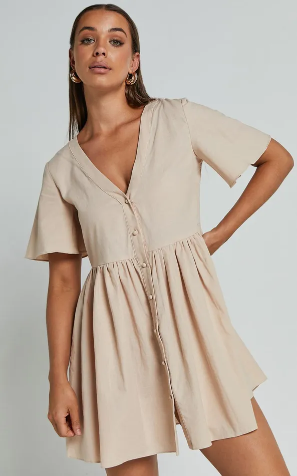 Showpo Staycation Vneck Mini Dress In Beige Women Curve Clothes