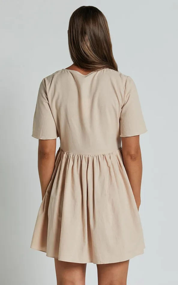 Showpo Staycation Vneck Mini Dress In Beige Women Curve Clothes