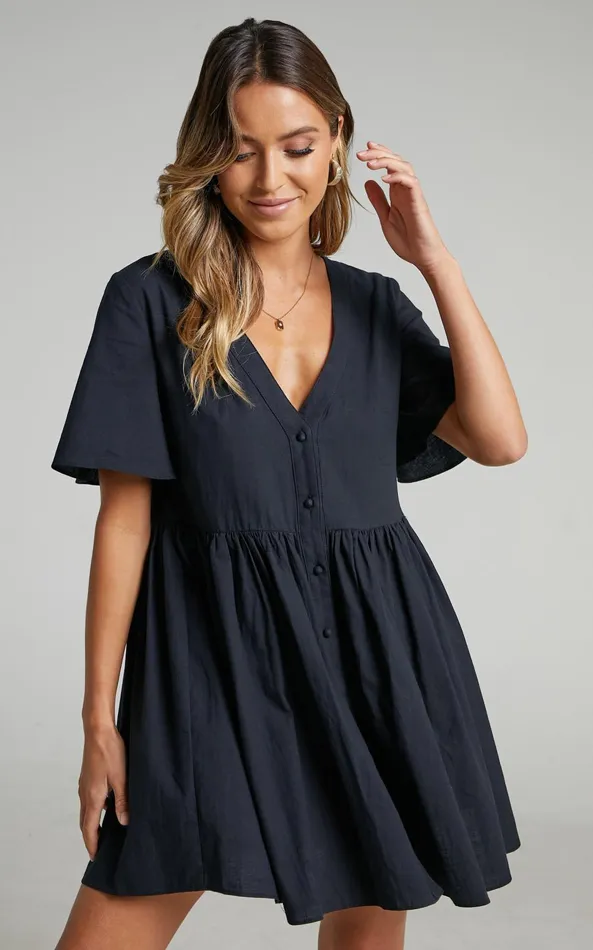 Showpo Staycation Vneck Mini Dress In Black Women Curve Clothes