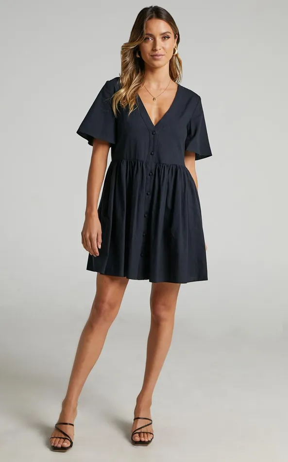 Showpo Staycation Vneck Mini Dress In Black Women Curve Clothes