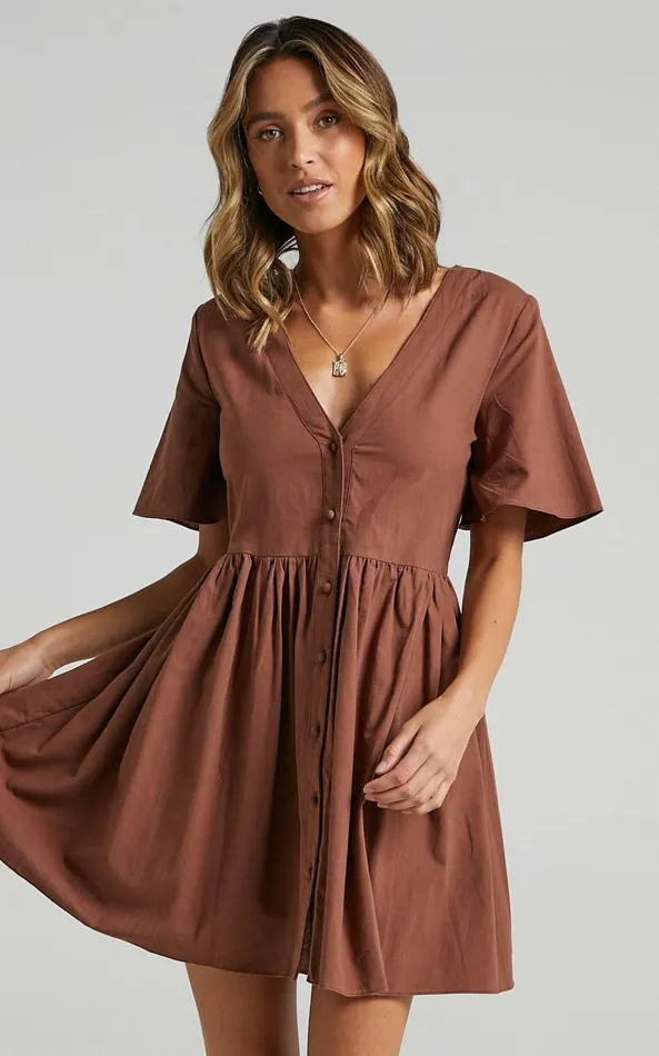 Showpo Staycation Vneck Mini Dress In Chocolate Women Dresses