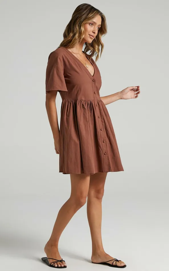 Showpo Staycation Vneck Mini Dress In Chocolate Women Dresses