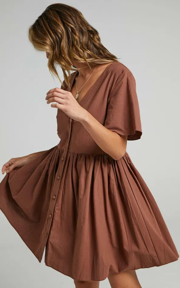 Showpo Staycation Vneck Mini Dress In Chocolate Women Dresses