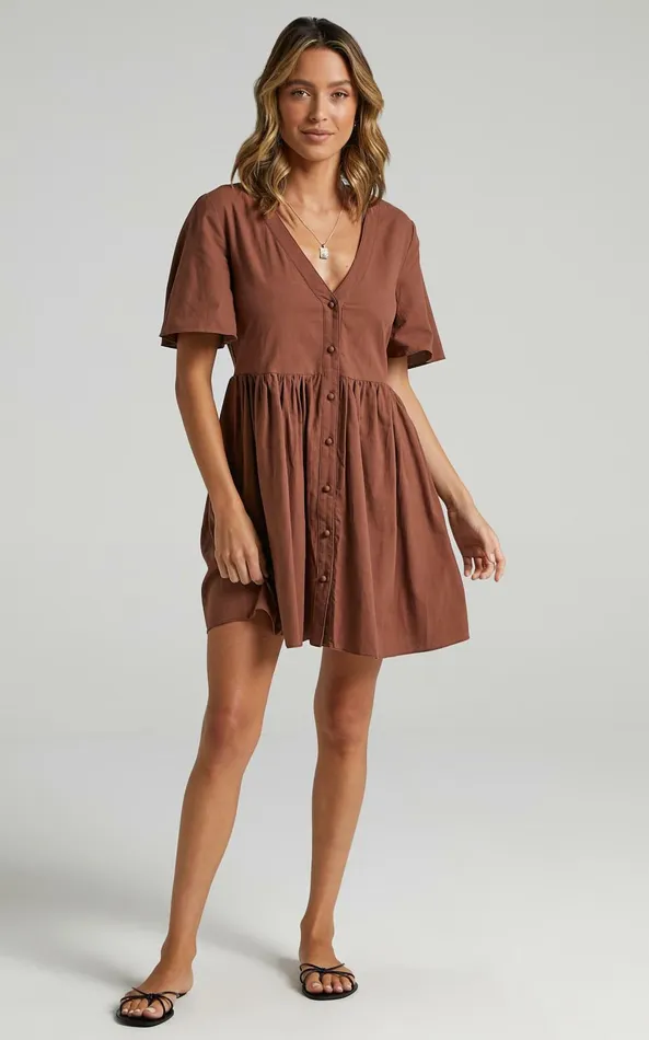 Showpo Staycation Vneck Mini Dress In Chocolate Women Dresses