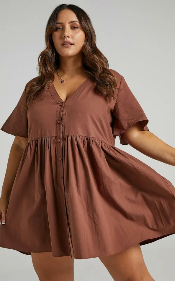 Showpo Staycation Vneck Mini Dress In Chocolate Women Dresses
