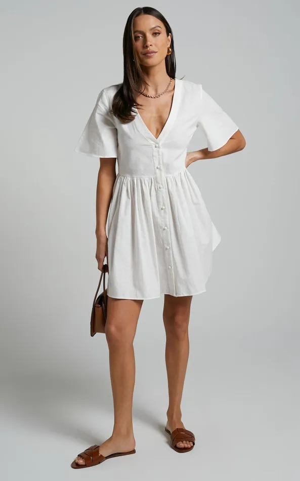 Showpo Staycation Vneck Mini Dress In White Women Curve Clothes